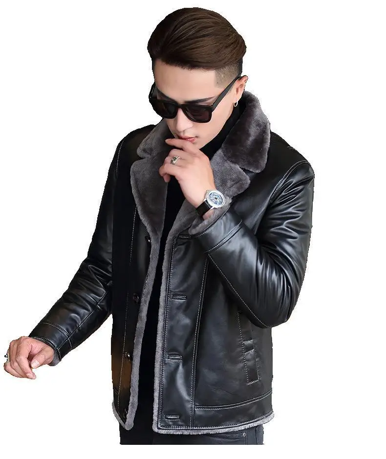 

2021 New Fur One Leather Men Real Leather Men Fur slim Leather Jacket Men Thick Overcoat Winter