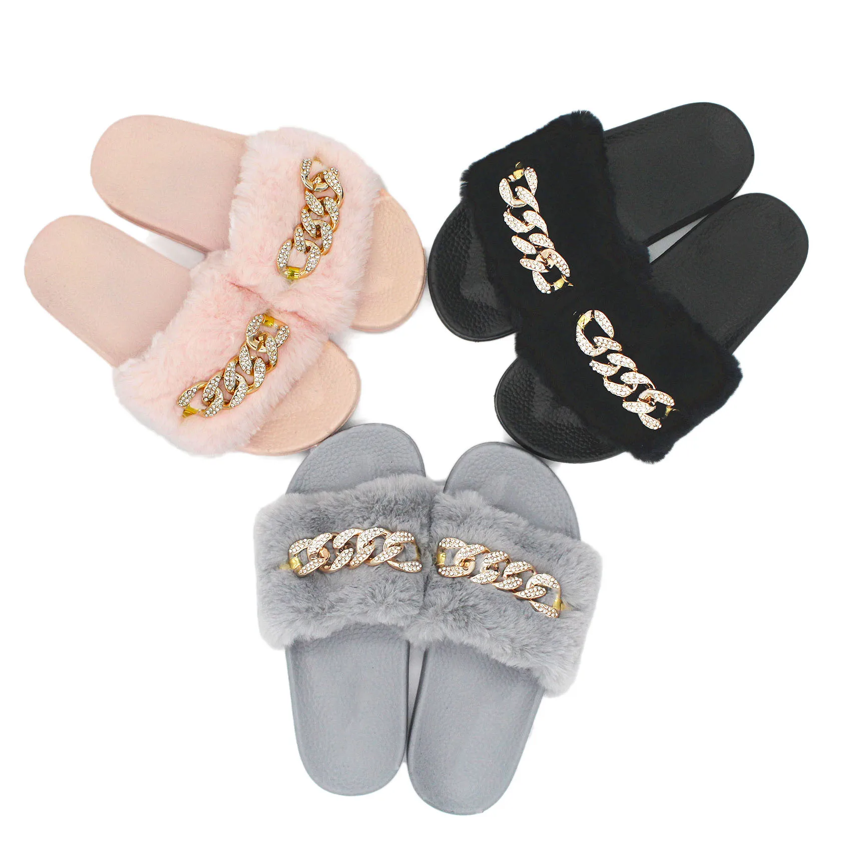 New Autumn Plush Slippers Fashion Open Toe Solid Color Women's Sandals Metal Chain Outdoor Casual Women's Shoes Plus Size