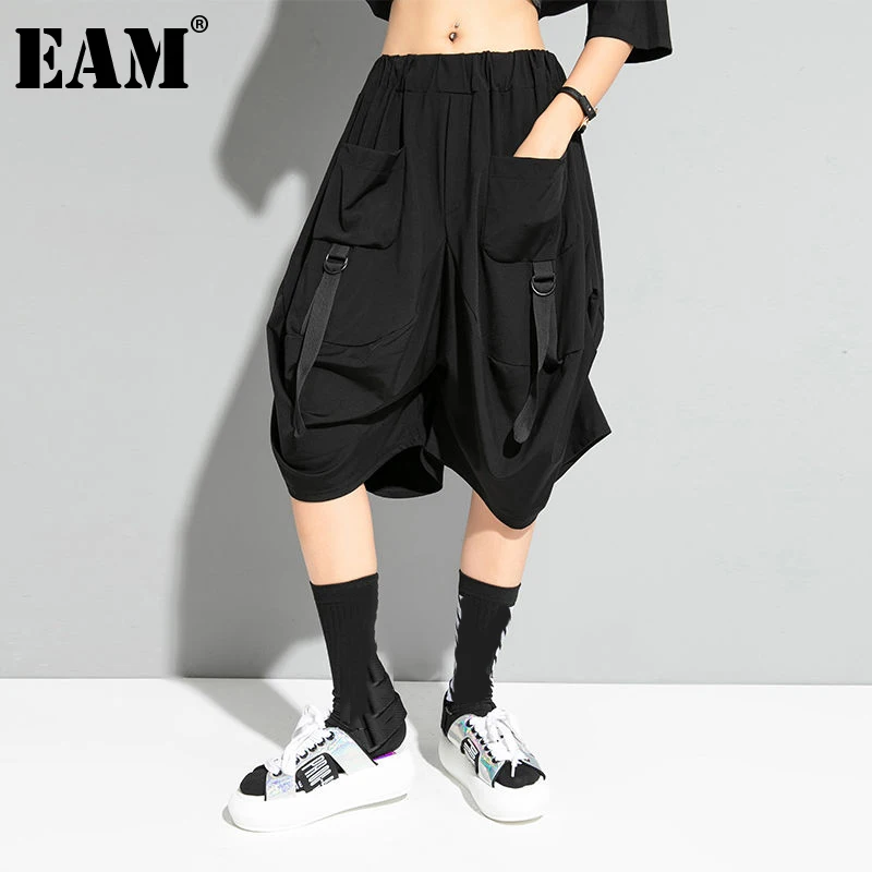 

[EAM] High Elastic Waist Black Pocket Wide Leg Casual Trousers New Loose Fit Pants Women Fashion Tide Spring Summer 2021 1DD6691