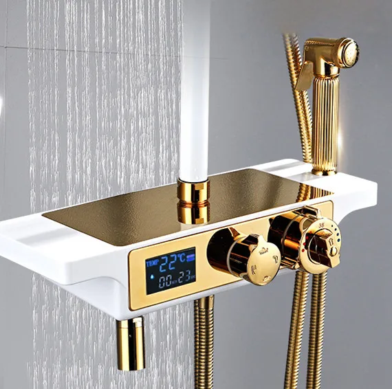 Thermostatic Shower Faucets Senducs Digital Bathroom Set Rainfall Hand Head Luxury White Gold Bath Sets | Обустройство дома