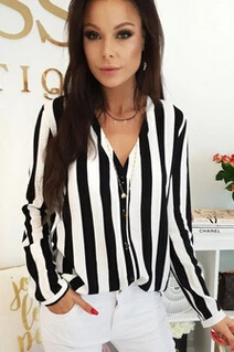 2019 Модные полосатые женские свободные рубашки с длинным рукавом и V образным