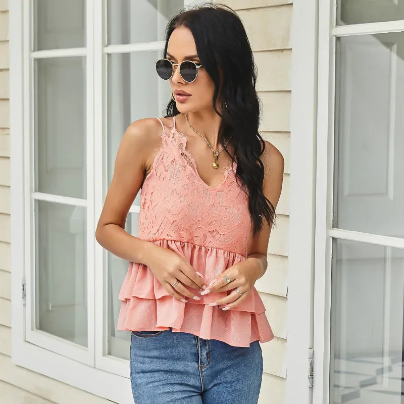 

Women Tank Tops Sleeveless Sexy Slim Halter Pure Color Splicing Lace Halter Vest Backless Summer Ladies Casual Fashion 2021 New