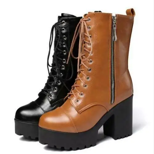 

New Women's Round Toe Gothic Block High Heel Lace Ups Motor Ankle Boots 35-43 D