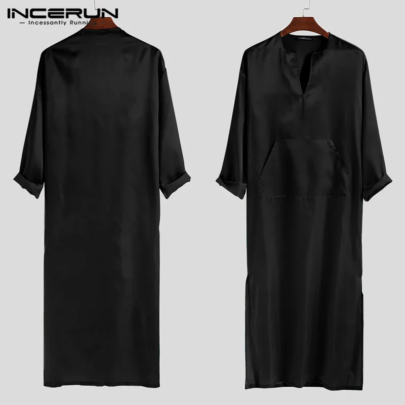 INCERUN, брендовый халат для сна, для мужчин, сплошной цвет, шелк, атлас, мешковатые, v-образный вырез, длинный рукав, карман, сексуальная одежда для сна, домашнее, для мужчин, s, пижамы, халаты