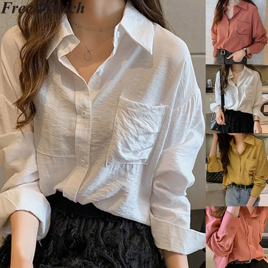 Женская офисная блузка с длинным рукавом однотонная свободная деловая белая