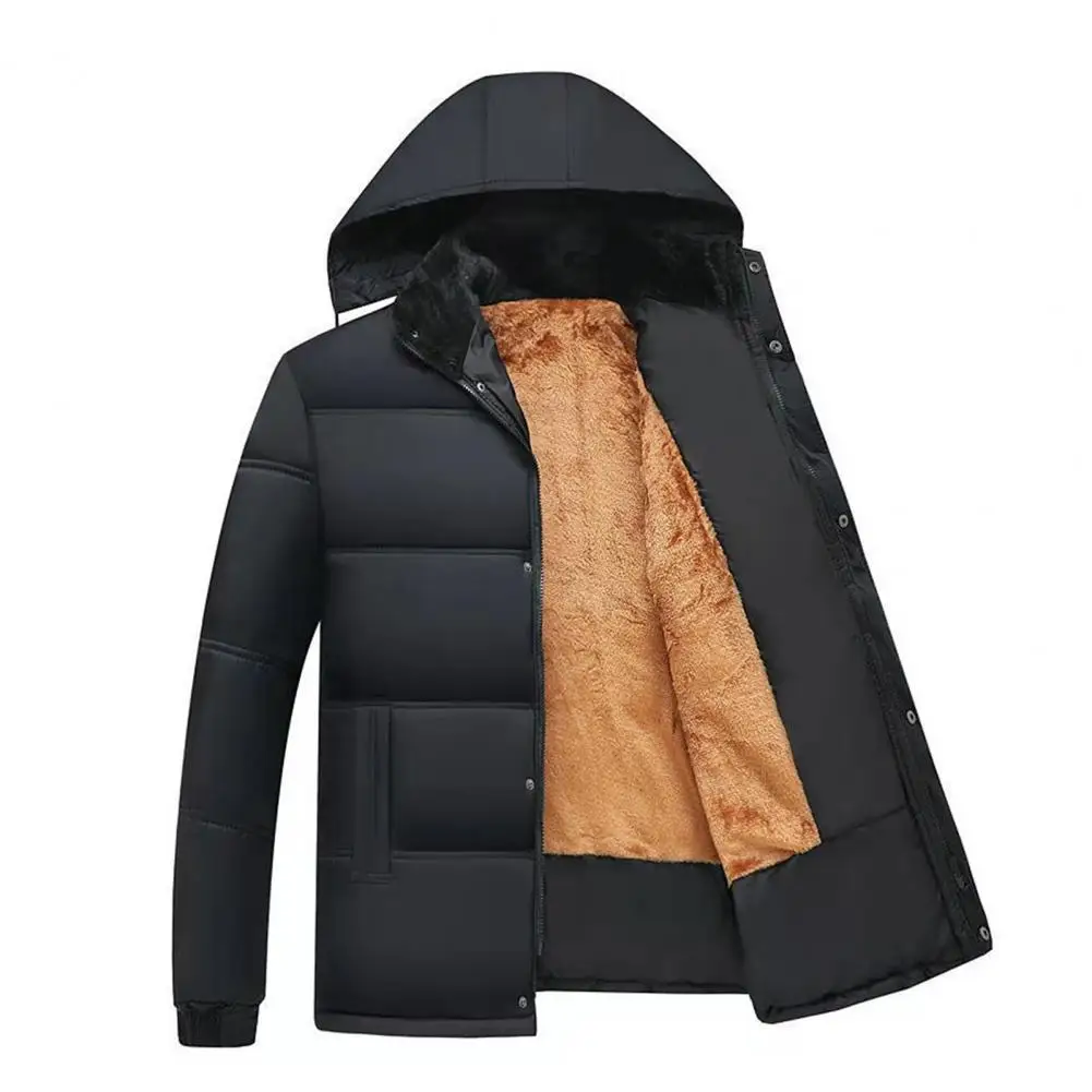 Winter Down Coat Solid Color Stand Collar Plush Highly Warm Zip-up Men Jacket Simple Fluffy Winter Down Coat