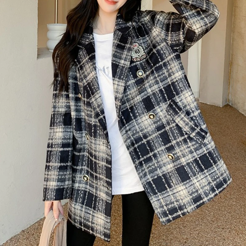 

Женское зимнее шерстяное пальто, двубортное повседневное пальто с длинным рукавом, модная верхняя одежда, клетчатая куртка оверсайз