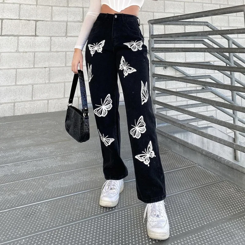 Street Indie Fashion Mom Jeans Women Butterfly Print High Waist Y2k Black Straight Denim Pants 2021 Spring Autumn New Trousers