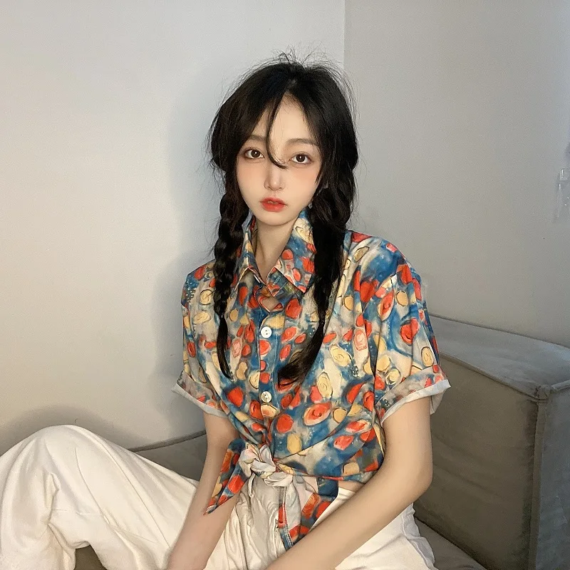 

Summer new style retro painting print short-sleeved shirt women