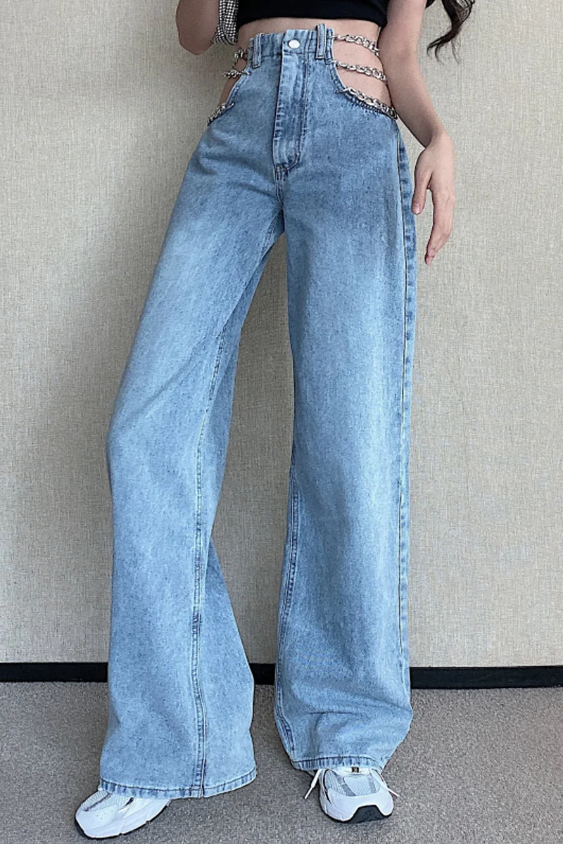 

Korean Fashion Women Wild Chain Jeans Women's Spring and Summer Thin Sexy High Waist Wide Leg Pant Baggy Straight Denim Trousers