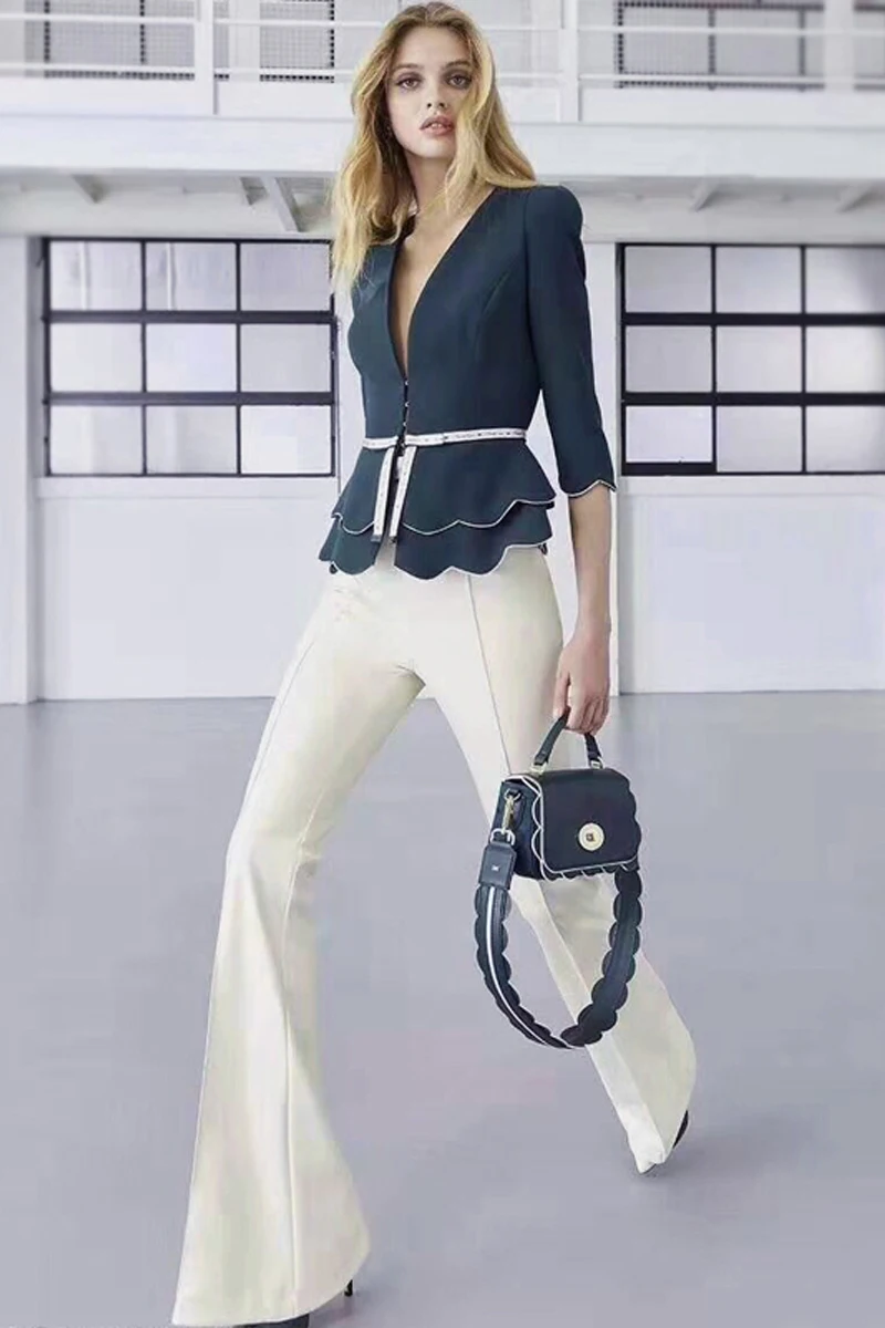 

Designer 2021 New Fashion High Quality Party Workplace Sexy V-Neck Top White Casual Trousers Vintage Elegant Chic Women'S Sets