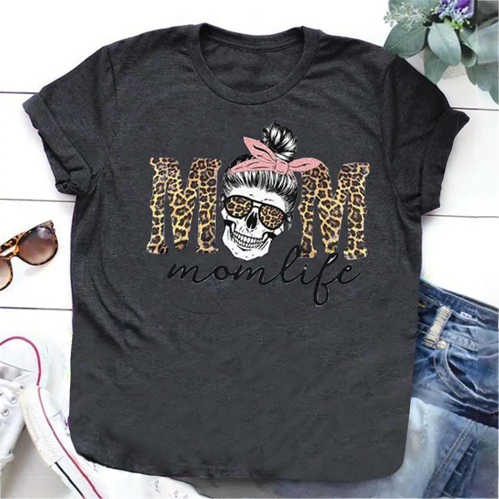 Леопардовой расцветки с принтом череп голова Мама Жизнь принт Женская футболка