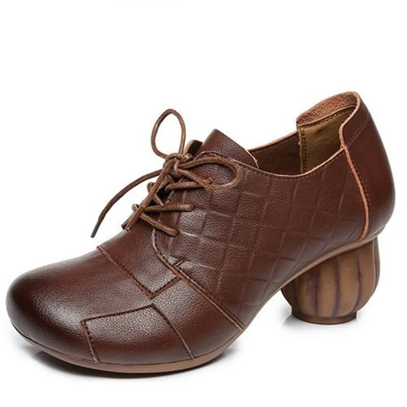 Женские туфли из натуральной кожи на шнуровке с принтом резиновой мягкой подошве