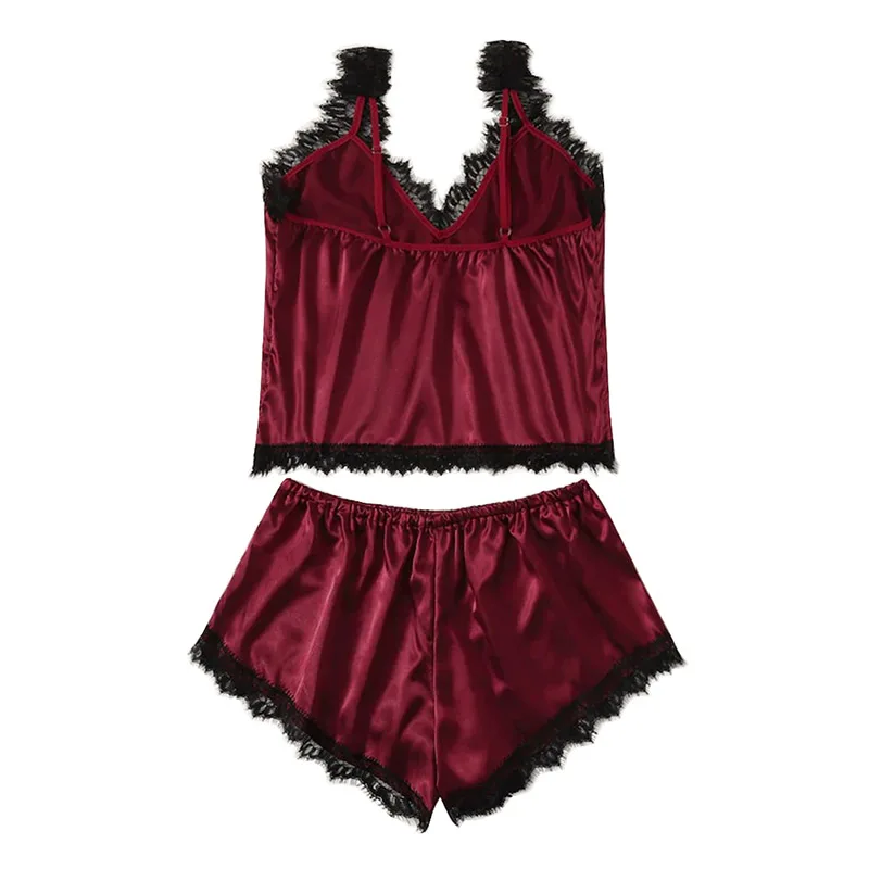 

Elegant Women's Pajamas Set Sexy Satin Silk Lace V-Neck Plus Size Pyjamas Sleeveless Sleepwear Lingerie Women's Underwear
