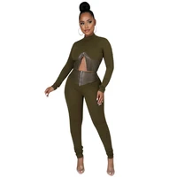 ladies suit 2021 winter new high neck zipper slim top casual trousers two piece solid color fashion african womens clothing