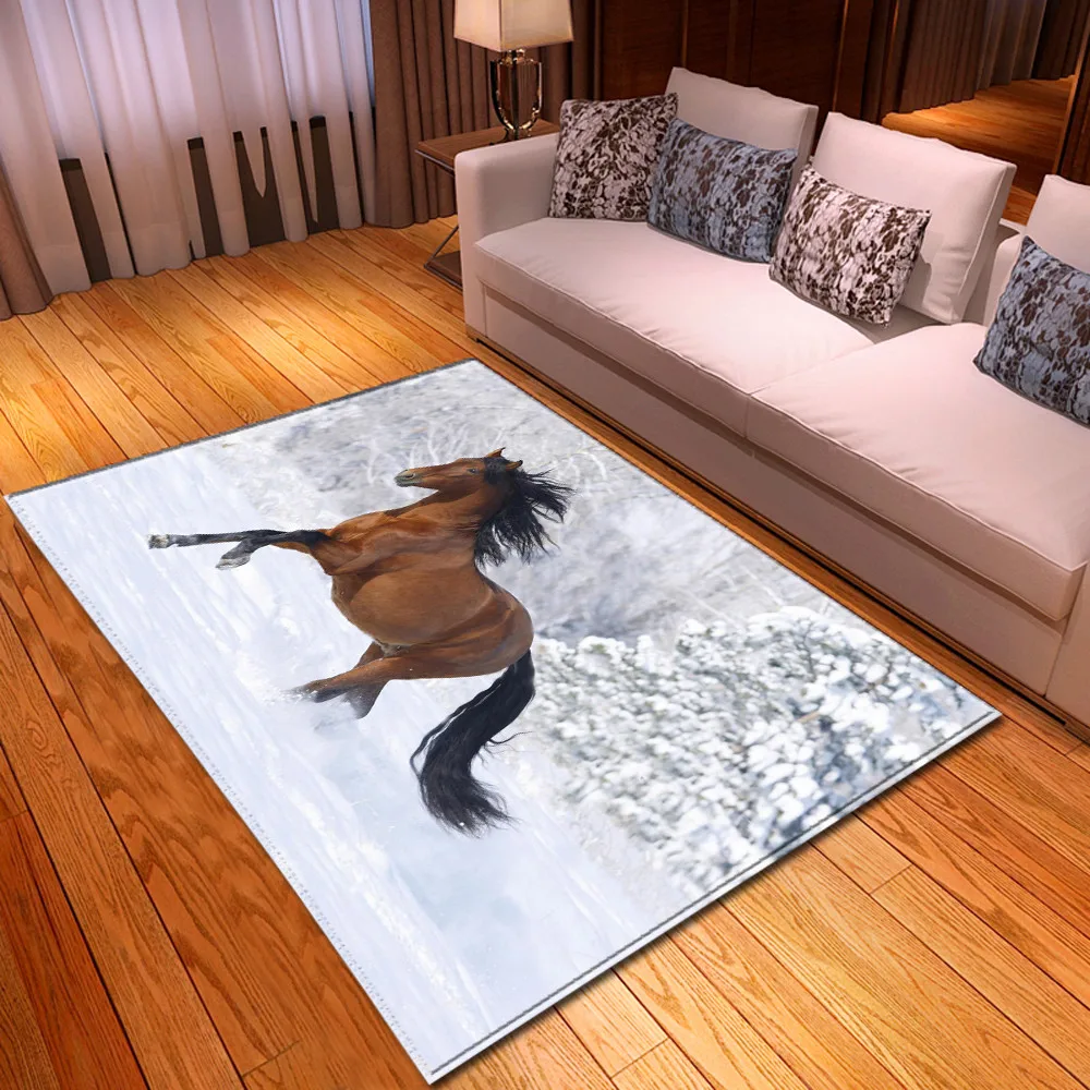 Modern Living Room Area Rug Large Horse Print 3D Carpet Bedroom Floor Rugs Parlor Kids Play Gamer Rug Flannel Floormat Anti-slip