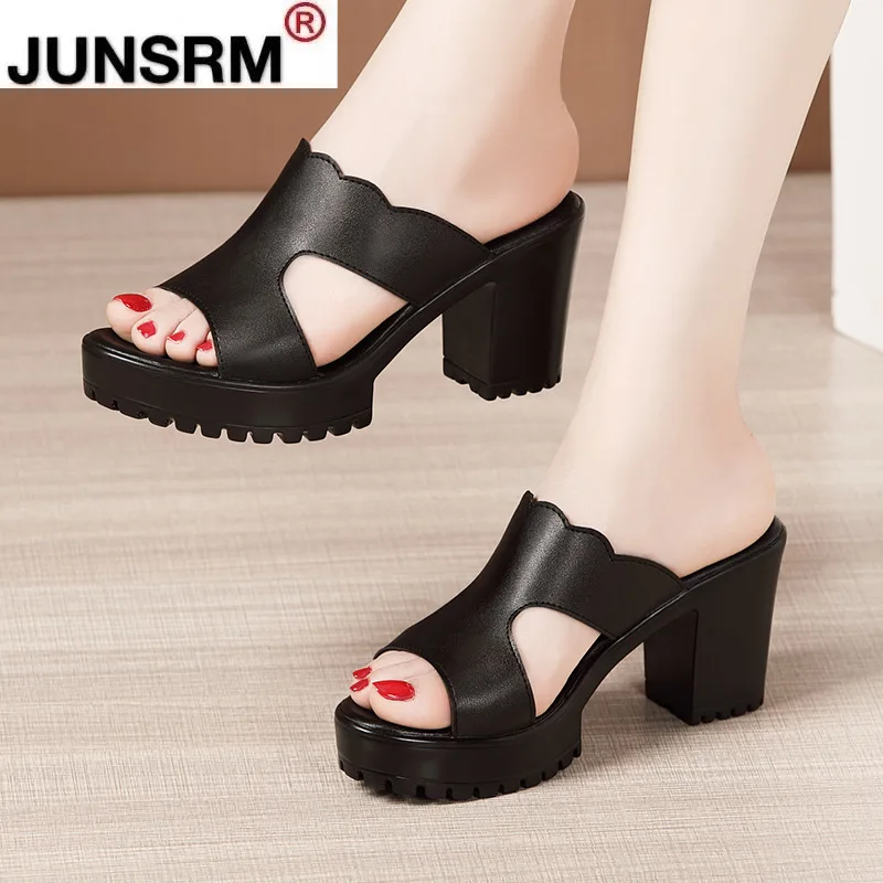 

Heel Platform Slippers Women Wedding Shoes Summer 2021 Leather Slippers High Heels Slides Ladies Slipper