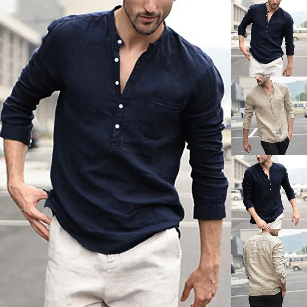 

Men Vintage Pure Color Button Linen Solid Long Sleeve Retro Shirts Tops Blouse Solid Long Sleeve Retro Shirts Tops Blouse Shirt