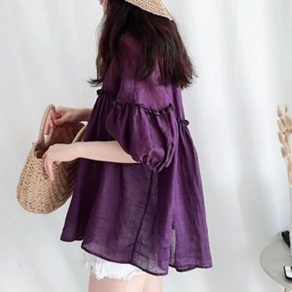 

Blouse Switching Round Neck Plain Ladies Fashion Five-quarter Sleeve Medium-long Shirt 2021 New Solid Color Fresh Japanese