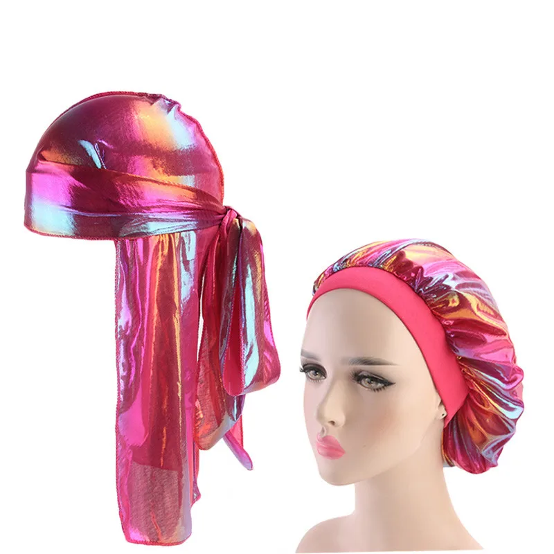 

New Men's Sparkly Silk Durag Bandana Headwear Colorful Wide Doo Rag Bonnet Cap Comfortable Sleeping Hat Couple 2pcs set