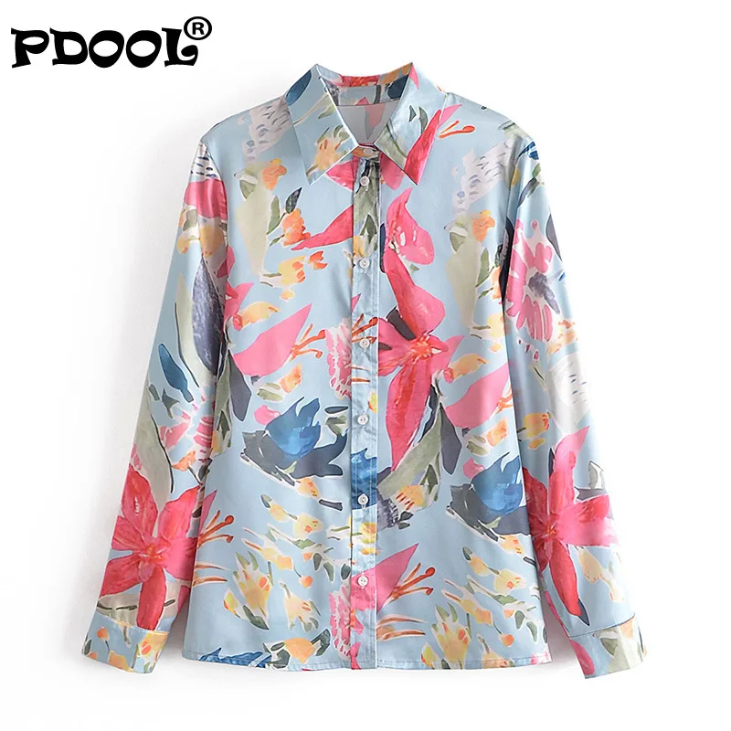

Autumn European and American Style Women's Satin Lapel Single Breasted Retro Printing Long Sleeve Loose Fashion SatinFlowerShirt