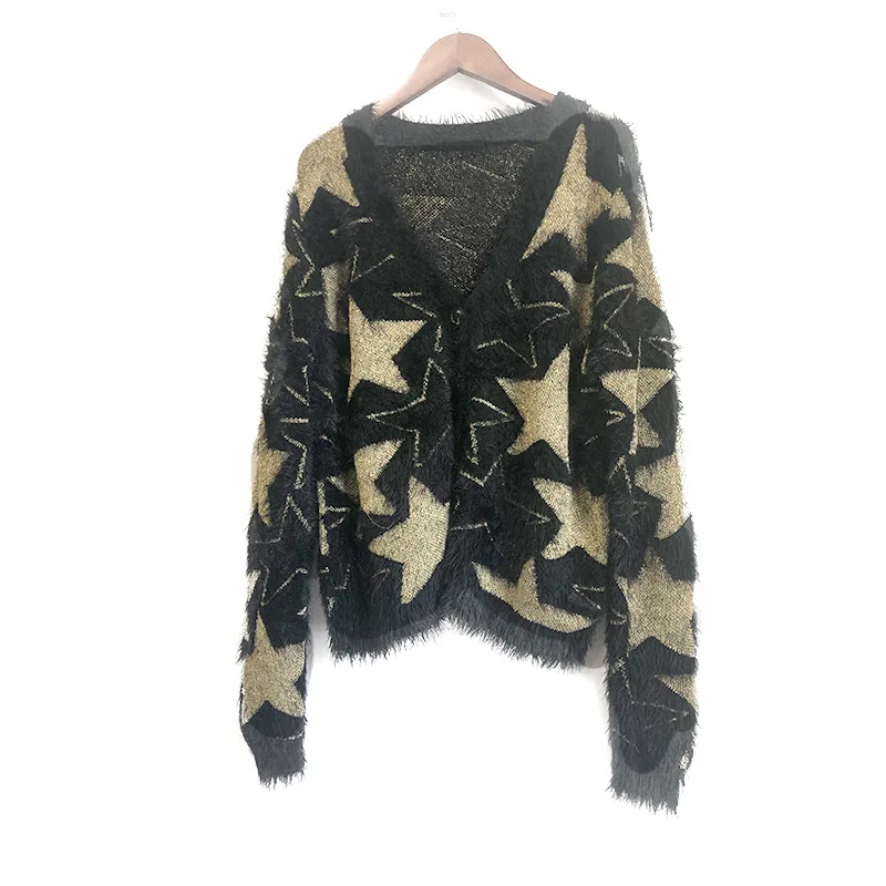 

Women Sweater 2020 Autumn and Winter New Long-sleeved V-neck Knitted Cardigan Casual Printing Gold Star Contrast Jacket Women