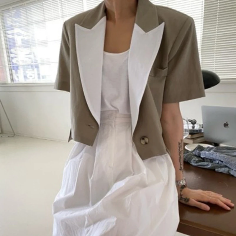 

GALCAUR Slim Patchwork Colorblock Jackets For Women 2021 Lapel Collar Short Sleeve Single Button Women's Coat 2021 New Clothing