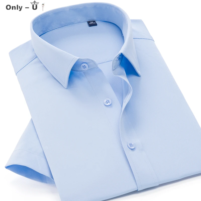 

2021 summer new men's stretch loose short-sleeved shirt business casual classic brand youth fashion large size solid color shirt