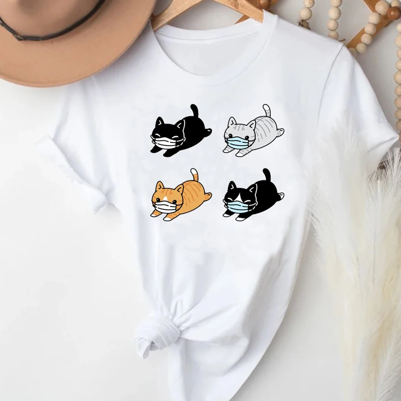 

Футболка женская, с рисунком кота, повседневная, с коротким рукавом