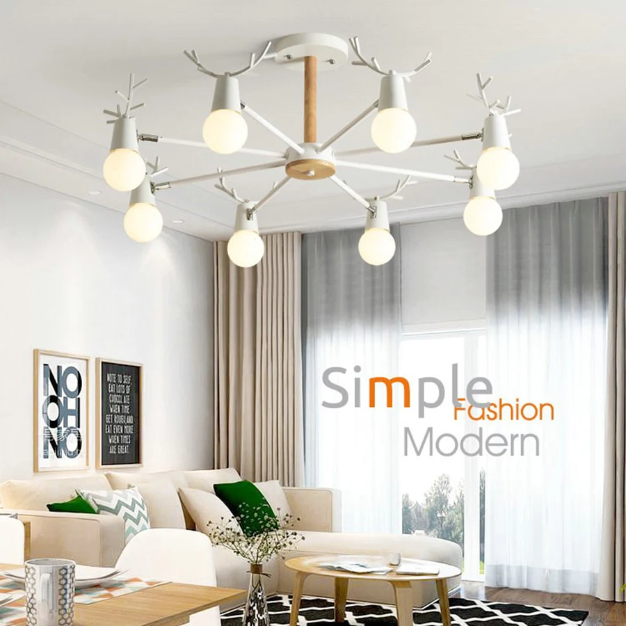 Nordic macaron antler chandelier modern LED chandeliers bedroom dining room iron and wood deer head Hanging Lamps decor Fixtures