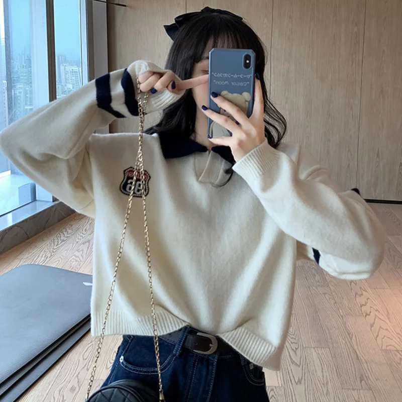 

French Lazy College-Style Pullover Women's 2020 New Loose Outdoor Knitted Lapel Top autumn clothes women womens knit sweaters