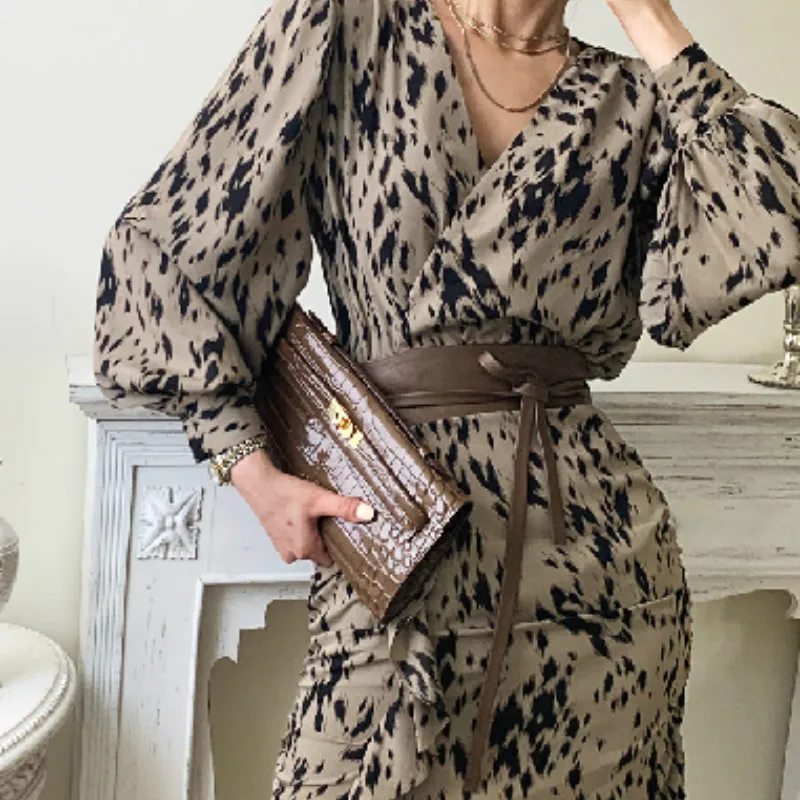 

Chic Retro Leopard Printed Women Chiffon Dresses 2021 Spring Long Sleeve V-Neck Sexy Short Mini Dress With Belt Mujer Vestidos