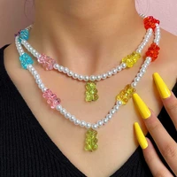 flatfoosie ins cute candy colors gummy bear pearl chain necklace for women creative resin bears beaded choker necklace jewelry