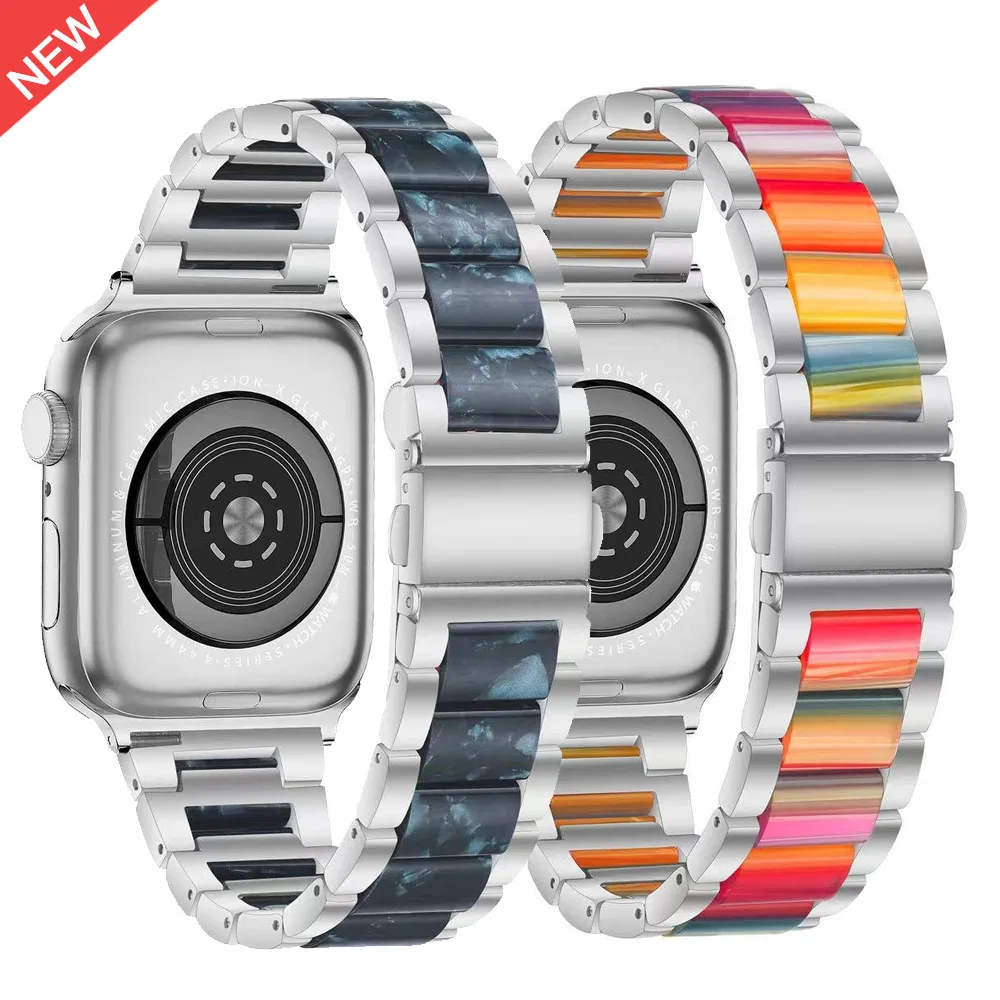 

NEW Resin strap For Apple Watch Band 38mm 40mm 42mm 44mm Stainless steel Fashion bracelet wristband For iwatch 7 6 5 4 3 2 1 SE