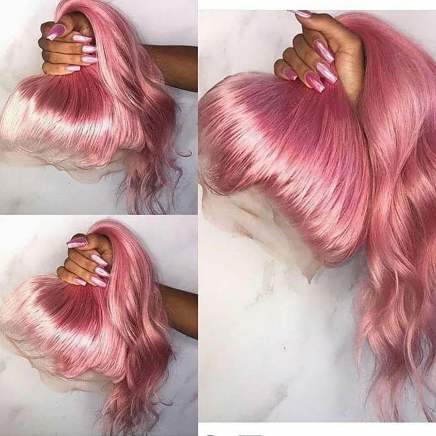 Peluca de cabello humano ondulado de 13x4, postizo de encaje frontal con pelo de bebé, sin pegamento, color rosa, 180 de densidad