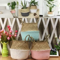handmade bamboo storage baskets foldable laundry straw patchwork wicker rattan seagrass belly garden flower pot planter basket