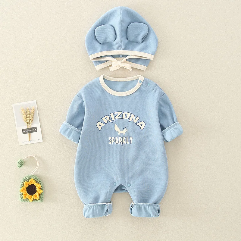 

Korean new baby clothes long sleeve hooded printed Hooded Baby Jumpsuit double open crotch baby Jumpsuit