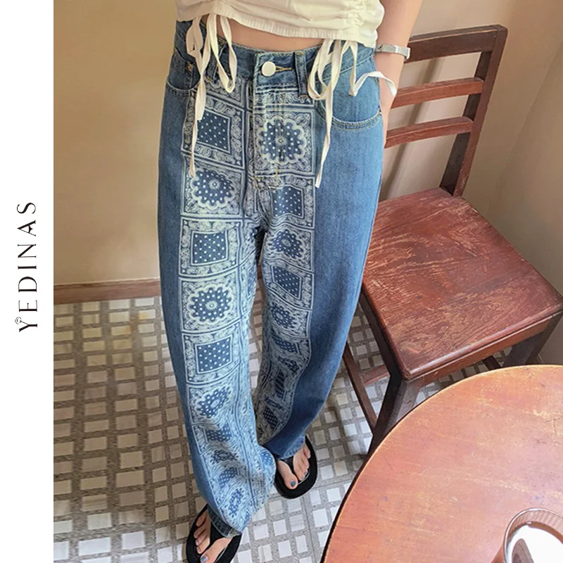 

Джинсы Yedinas женские с завышенной талией, повседневные штаны из денима с принтом, свободные синие винтажные джинсовые брюки, уличная одежда, прямые джинсы, Y2k, на лето