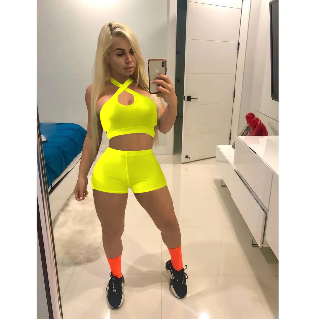 

Vest Tank Suit Women Halter Neck Jacket Shorts Tight Sports Casual Two Piece Set Sexy Solid Color Summer Sleeveless Outfits