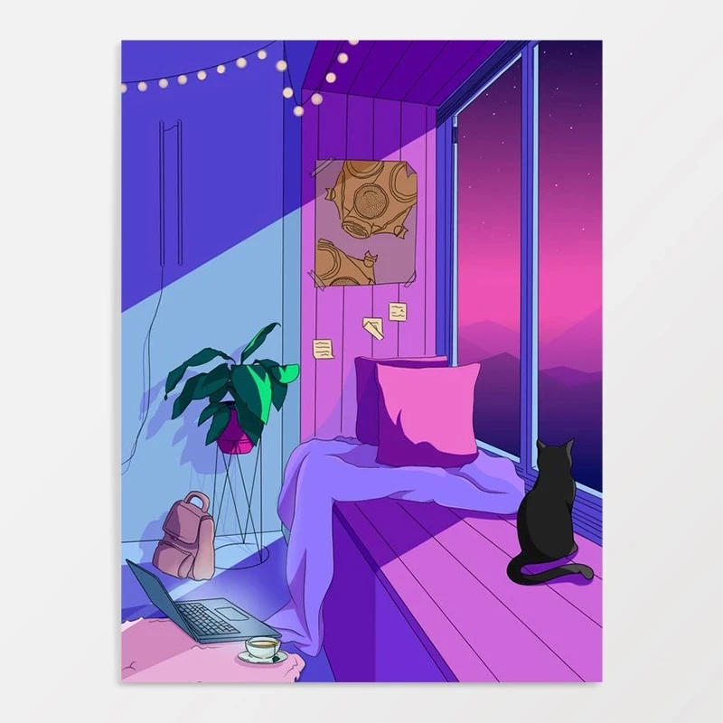 

HD Prints Sweet Room Canvas Painting Wall Art Window Night Scenery Poster Black Cat Picture For Home Decor Living Room Modular