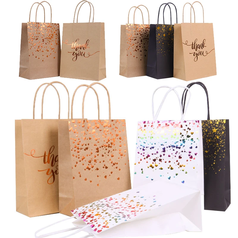 

6Pcs Handle Kraft Paper Bags Thank You Gift Packaging Bag for Birthday Wedding Handle Gold Foil Favor Bag Home Party Supplies