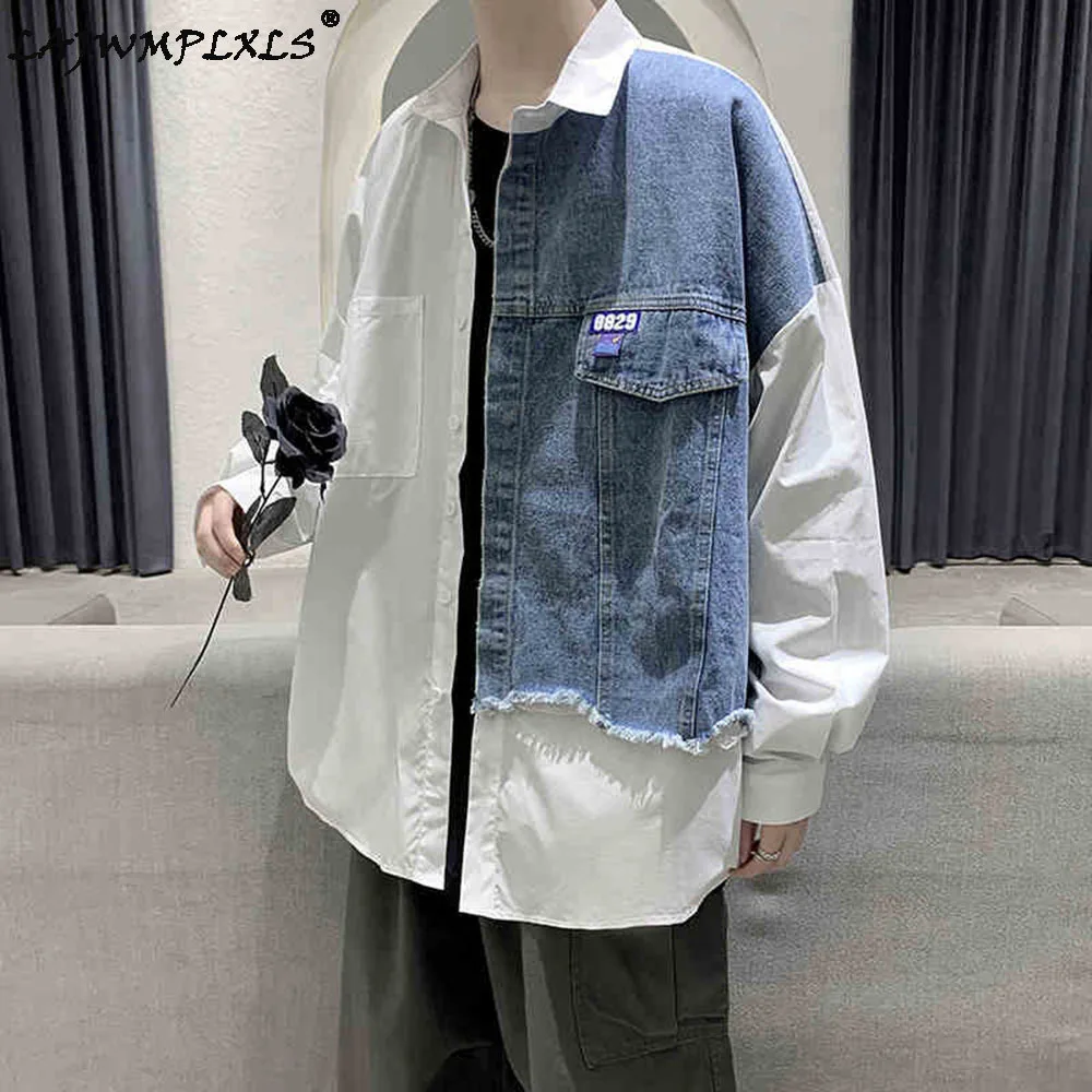 

Spring Streetwear Loose Button Blouse Original Mens Jeans Patchwork Shirts and Autumn Long Sleeve Shirt for Men Men's clothing