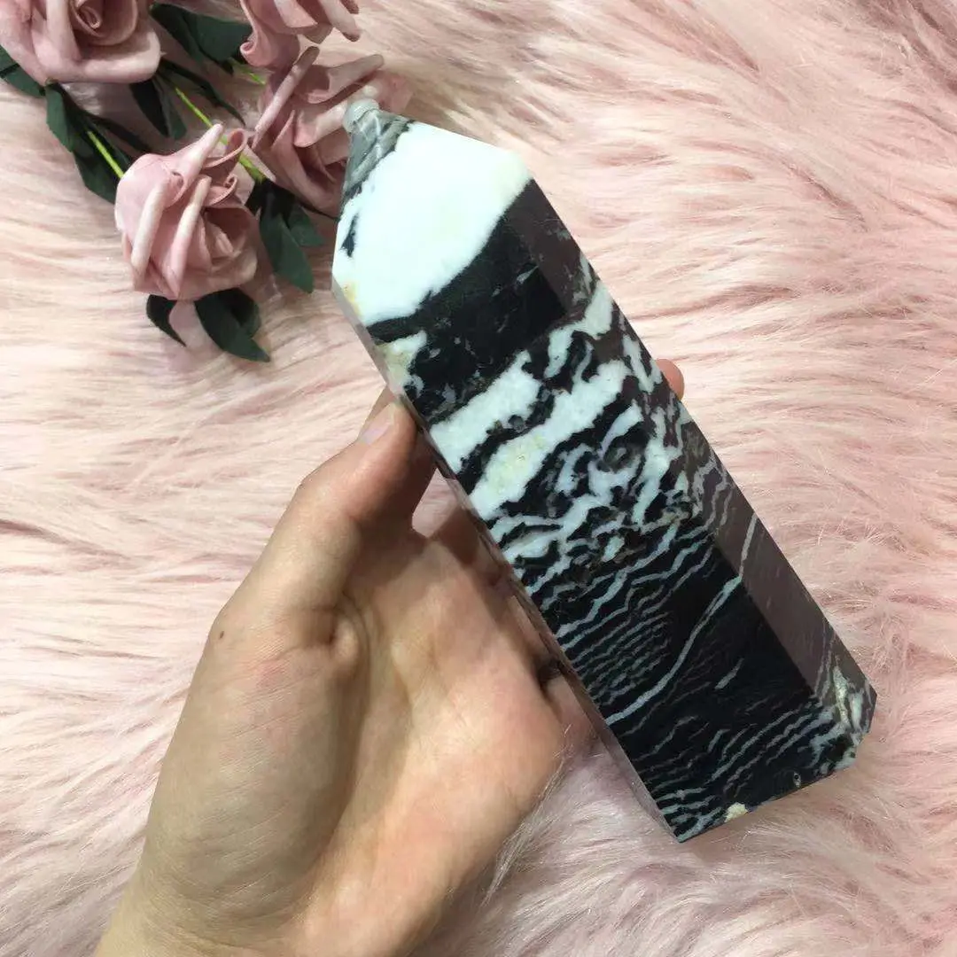 

Natural black zebra stone crystal quartz tower Reiki healing room decoration home decoration scepter gift