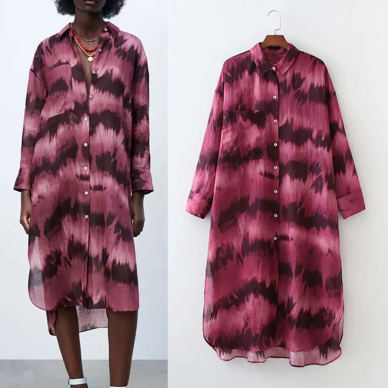 

Women Shirt Red Tie Dye Long Shirt Oversize Women's Blouses Summer 2021 Long Sleeve Top Asymmetric Button Up Female Shirts