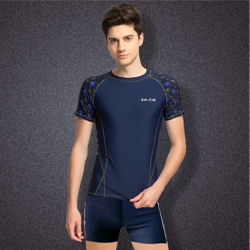 New Men's Swimwear Suit Short-sleeved Shirt Boxer Swim Trunks Loose XL Split Swimwear Quick-drying - Цвет: Navy 9561