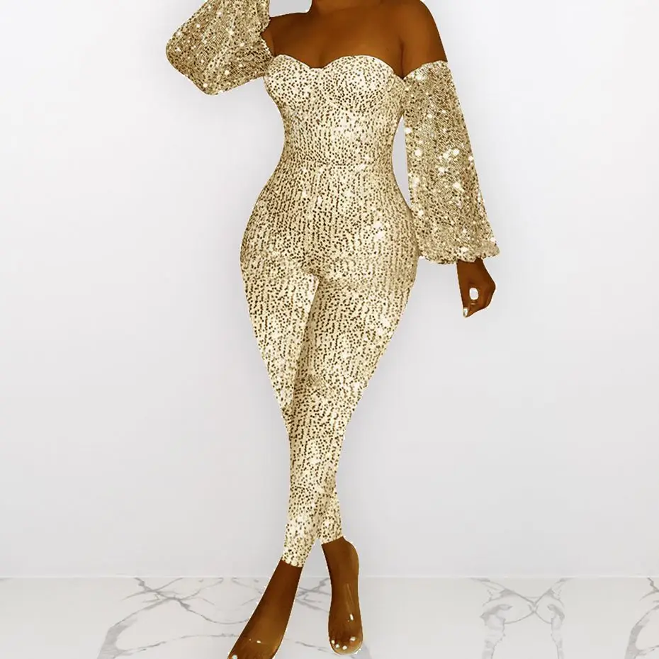Золотой HAOYUAN Sexy Sequin Jumpsuit Women Off Shoulder Lantern Sleeve Overalls Romper One Piece Outfit Streetwear Rave Bodycon Jumpsuit - Цвет: Золотой