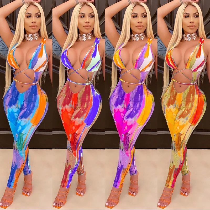 

Summer Clothing Jumpsuit Women Sexy Fashion Painted Sexy Tight-fitting Lace-up Bodysuit Party Club One Piece Outfits Streetwear