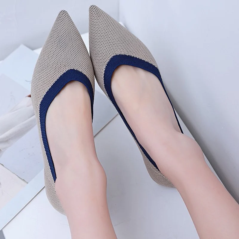 

Women Flats Woman Shoe Slip On Fashion 2021 New Flat Stretch Fabric Pointed Toe Ladies Knitted Shoes Low Heels Casual Shallow