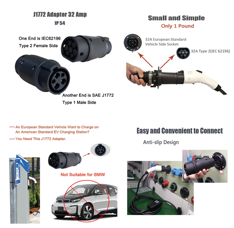 DUOSIDA EVSE адаптер 32Amp SAE J1772 разъем EV зарядное устройство тип 1 к Тип 2 EV адаптер Электрические транспортные средства зарядки автомобиля J1772 разъем