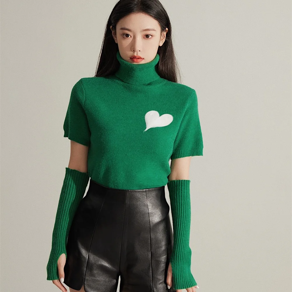 

2 способа ношения зеленый свитер с высоким горлом 2022 Новая Мода Сердце водолазка рукав Romvable вязаный пуловер свитер для женщин